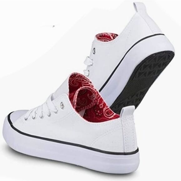 💜Twisted White & Red Paisley Double Tongue Sneakers Size 8 - Picture 5 of 14